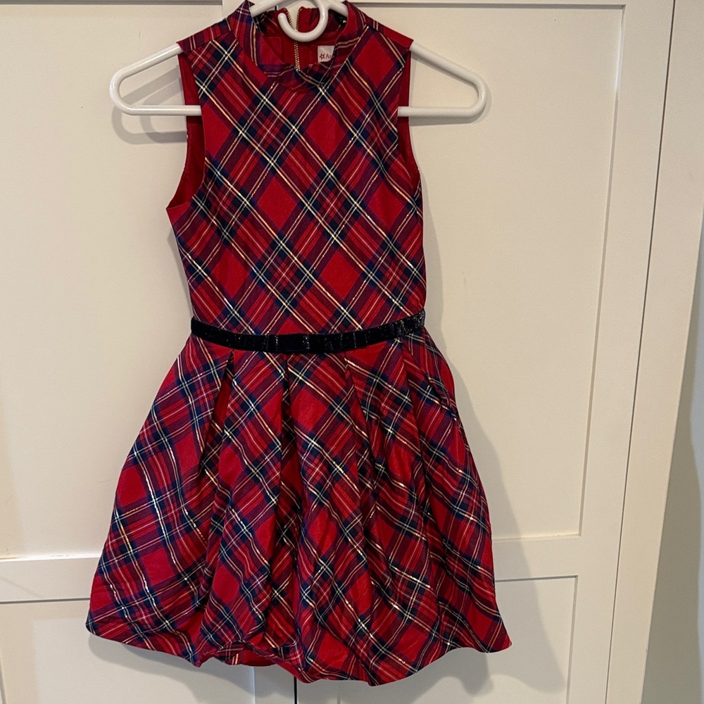 American Girl Red Plaid Sleeveless Party Dress with Navy Belt